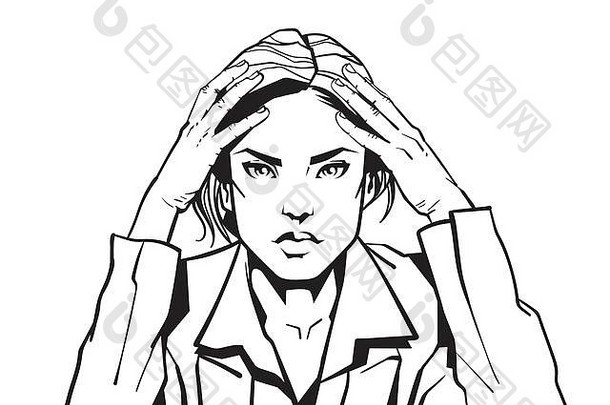 肖像愤怒的业务女人持有头headacke草图女商人累了心烦意乱