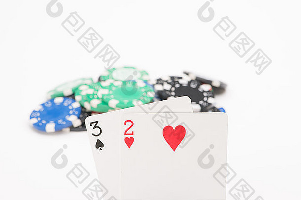 卡片扑克芯片孤立的白色背景