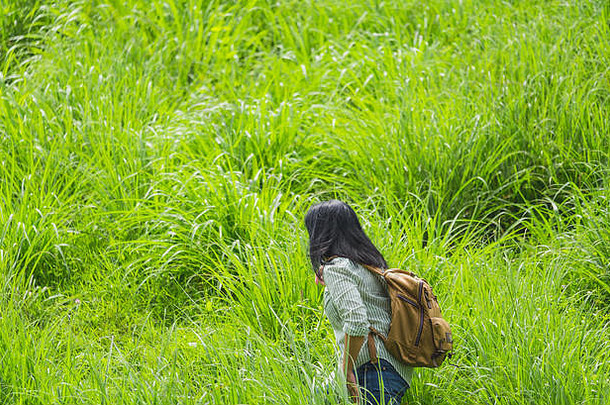快乐年轻的旅行者女人背包客徒步旅行享受美丽的自然草场绿色植物新鲜的空气自由旅游热概念