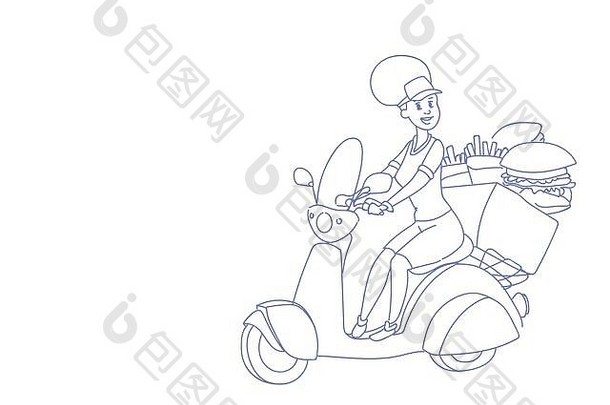 女人骑电动机自行车快食物交付服务概念女摩托车司机汉堡炸草图涂鸦水平