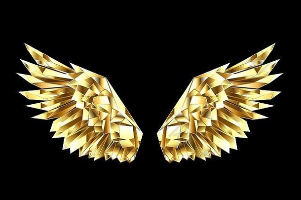 黄金在上雕琢平面的多边形翅膀黑色的背景金翅膀