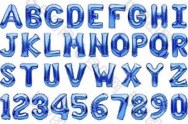 英语字母数字使蓝色的充气氦气球孤立的箔气球字体。彩色的经典蓝色的颜色一年完整的