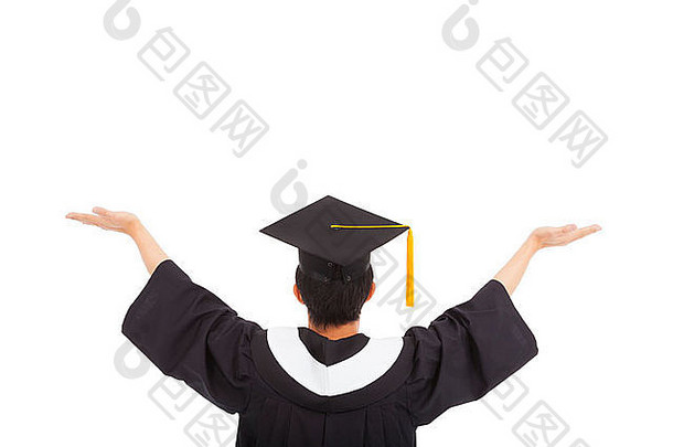 毕业学生穿学位帽开放手白色