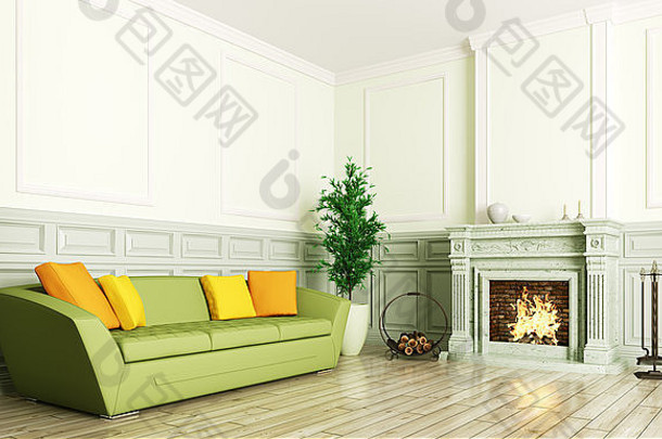 生活房间室内绿色沙发壁炉渲染