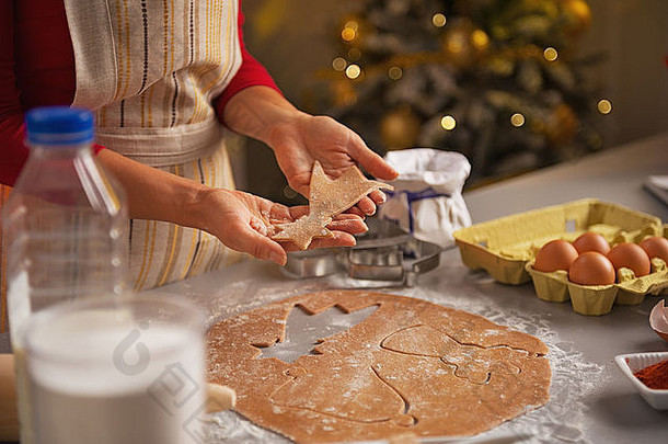 特写镜头年轻的家庭主妇使圣诞节饼干厨房