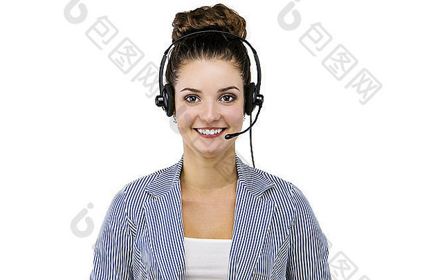 女人客户服务工人调用中心微笑操作符电话耳机孤立的白色背景