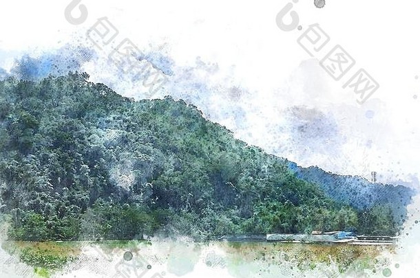 摘要色彩斑斓的山峰树景观水彩插图绘画背景