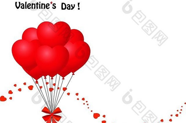 快乐情人节一天问候卡群红色的心形状的气球包装节日丝带五彩纸屑波使心