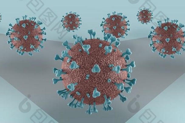 科维德冠状病毒分子攻击蓝色的背景影子病毒可视化插图