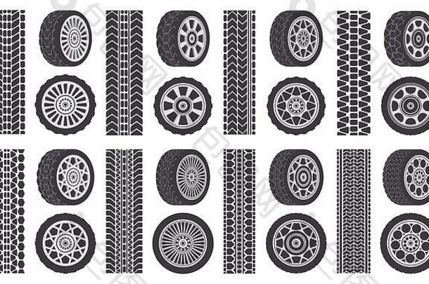 车轮轮胎跟踪痕迹汽车轮轮圈汽车车辆胎面跟踪橡胶轮轮胎孤立的符号插图集