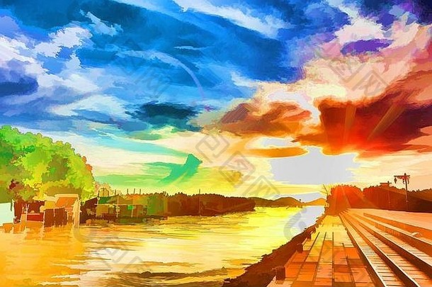 景观绘画湖日落