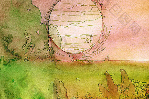 大太阳。抽象画<strong>原汁原味</strong>的水彩和水墨笔背景纹理-阳光景观。
