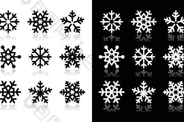 黑白背景上带阴影的雪花图标冬季圣诞节图标集-雪花