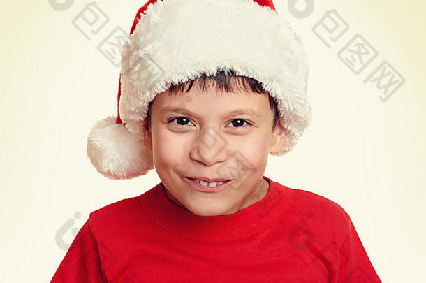 穿圣诞老人帽子的男孩肖像-寒<strong>假</strong>圣诞节概念