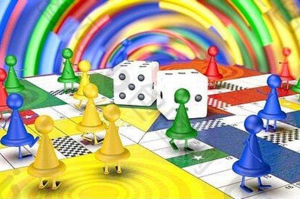 梦幻般的红色、蓝色、黄色和绿色棋盘游戏中有两只手和脚在棋盘上走着，中间有两个骰子在不聚焦的背景下。