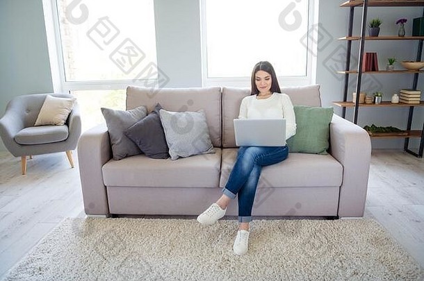她漂亮迷人安静专注聪明聪明的女孩用笔记本电脑坐在浅白沙发上在线制作项目