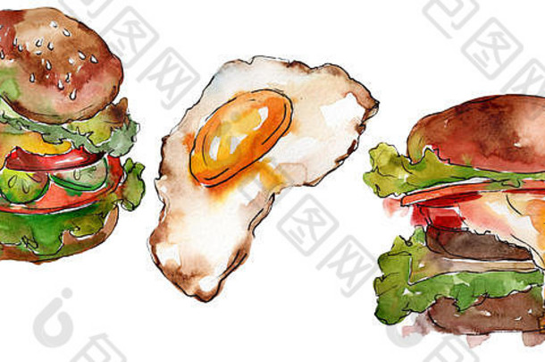 水彩风格的汉堡。白色背景上的水彩快餐插图元素。