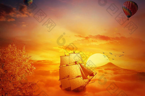 古老的船在天空中迷失了方向。冒险和旅行概念。美丽的夕阳背景在云端