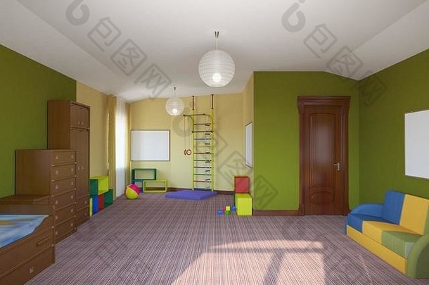 儿童房，儿童房，室内可视化，3D插图