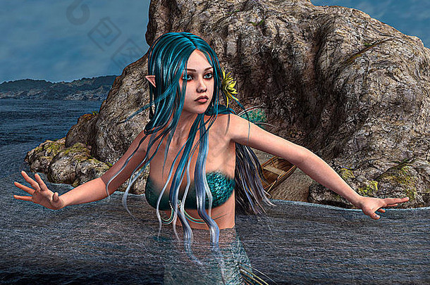 数字渲染可爱的美人鱼蓝色的头发海边背景
