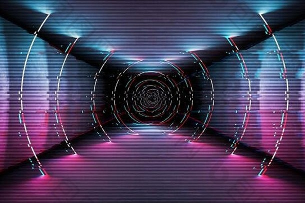 游戏屏幕的幻想广告。vhs设计的技术概念。音乐霓虹灯背景插图。