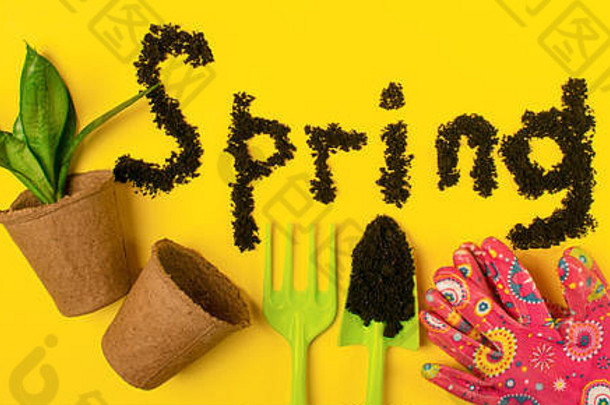 文本词春天铺设黄色的春天背景花园配件工具