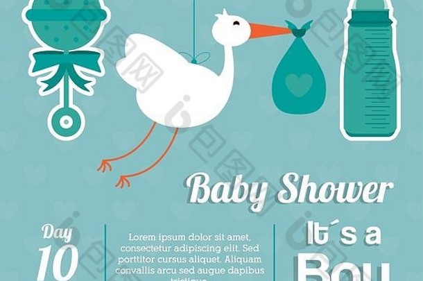 婴儿淋浴设计。马拉卡，鹳和瓶子图标。蓝色插图