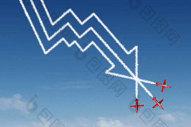 金融跳水业务概念集团空气显示杂技飞机飞机创建烟模式形状的金融图血统利润损失图表向下箭头