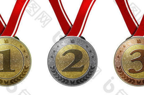 集奖牌黄金银青铜数字红色的丝带金属镀锌效果月桂树环火炬