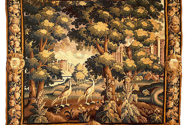 中世纪的挂毯织物模式经典景观点缀棕色（的）音调浅肤色背景