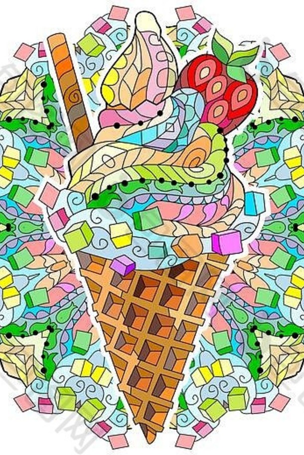 手绘彩色zentangle冰淇淋插图，带有曼荼罗
