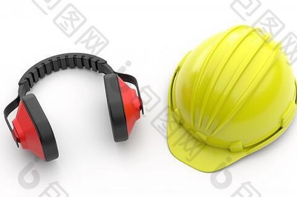 <strong>安全生产</strong>防护设备。白色背景上隔离的工业防护安全帽和耳罩。个人健康和安全概念。三维病态