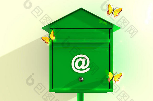 有黄的绿色信箱。三维渲染。