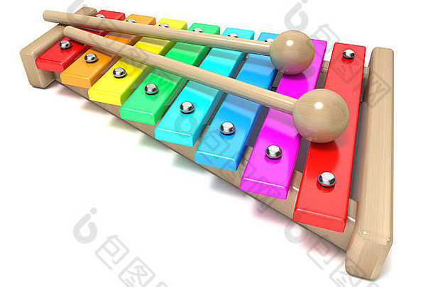 带有彩虹色键和两根木<strong>鼓棒</strong>的木琴。在白色背景上隔离3D渲染。木制玩具。打击乐