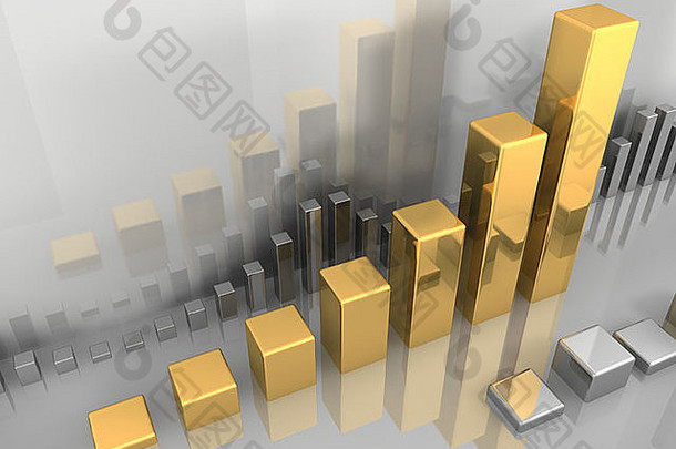 股市图表的抽象可视化，黄金和白银，3d插图