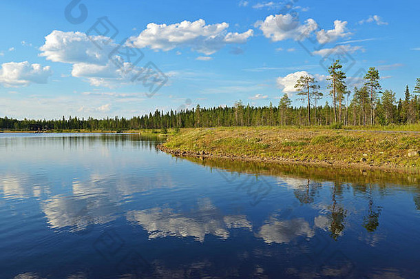 反射云北部森林湖夏天景观芬兰拉普兰