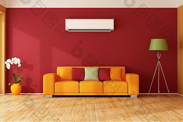 红色的橙色生活房间色彩斑斓的沙发空气护发素呈现