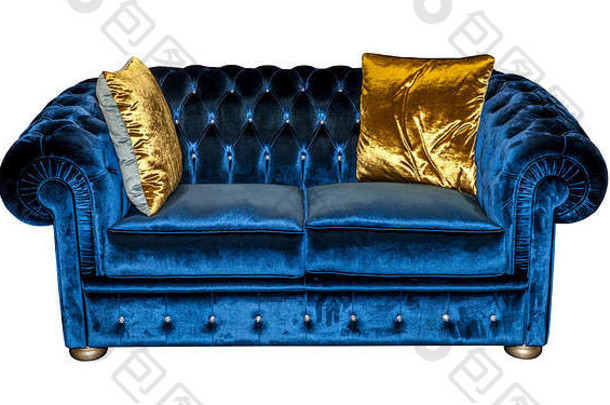 蓝色的沙发黄色的枕头孤立的