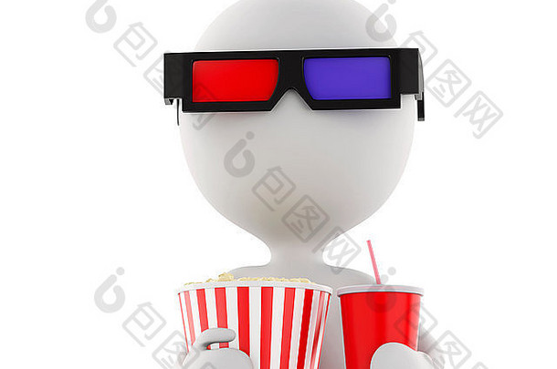 3d渲染器插图。戴着3d眼镜、饮料和爆米花的白人，隔离的白色背景。