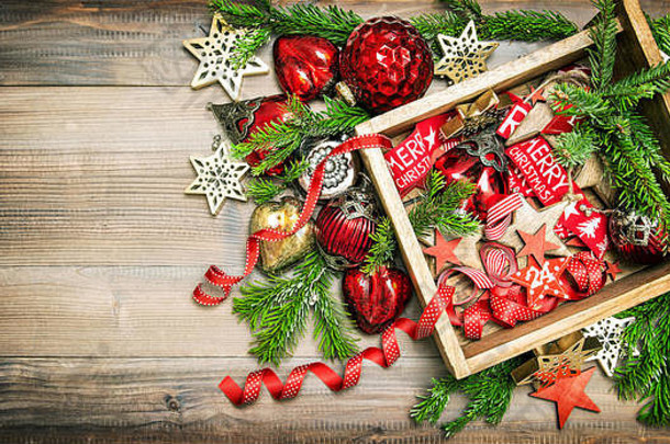 圣诞节装饰饰品圣诞节树分支机构<strong>红</strong>色的星星装饰物丝带古董风格健美的图片