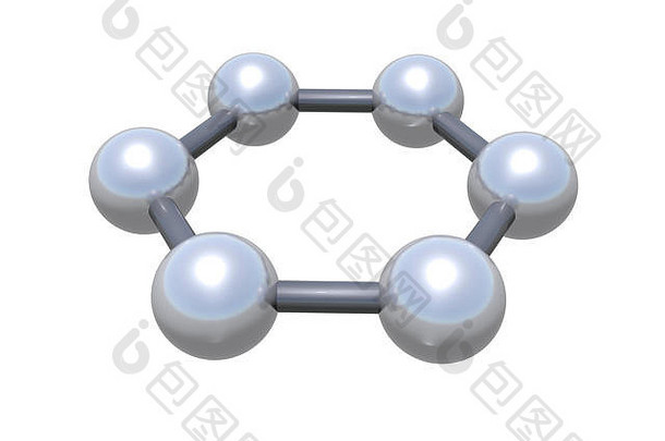 石墨烯分子簇。由白色背景上隔离的碳原子构成的六角结构，3d插图