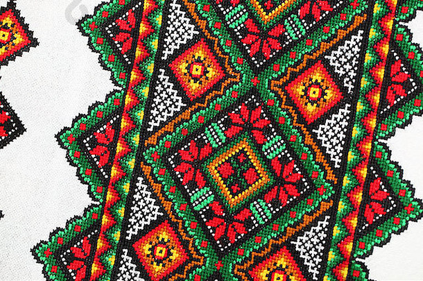 从传统的乌克兰Rushnyky（仪式毛巾）纱线刺绣细节。