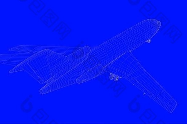 在蓝色背景上以白线绘制蓝图飞机的三维渲染