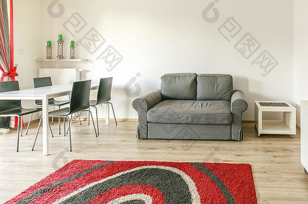有家具的公寓白色生活房间黑色的红色的地毯灰色沙发不错的视图