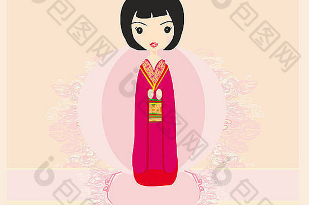 粉色背景上的Kokeshi玩偶，带有花卉装饰