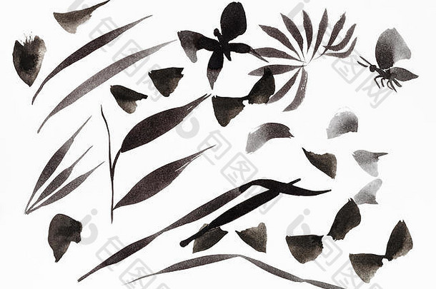 培训画澄江水波谷风格刷中风形状的叶子蝴蝶黑色的墨水白色纸