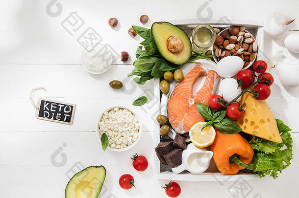 生酮低碳水化合物饮食-白色木质背景下的食物选择。均衡健康的有机成分，高脂肪含量。心脏和血管的营养。肉、鱼和蔬菜。
