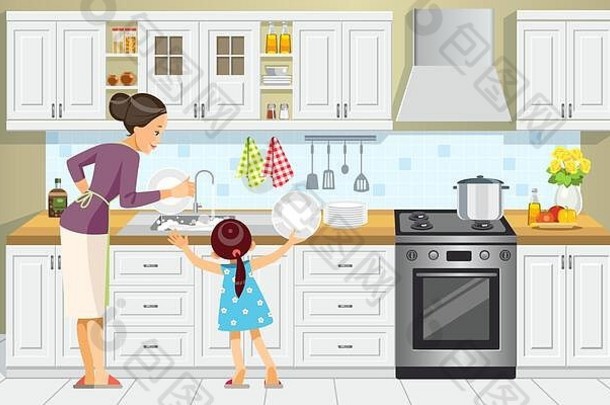 妈妈和女儿在洗盘子。这个女孩在家庭厨房帮妈妈洗碗。母亲节最好的妈妈。母婴观
