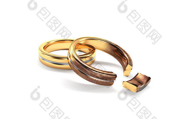 3d插图，象征两人离婚的结婚戒指
