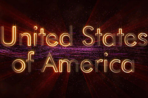 美利坚合众国国家名称文字动画-闪烁的光线在文字边缘循环，背景上有旋转和流动的星星